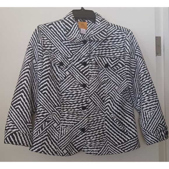Ruby Rd Women Sz 10 Cropped Jacket Black/White Geometric Print Monochrome Layer - Picture 2 of 11